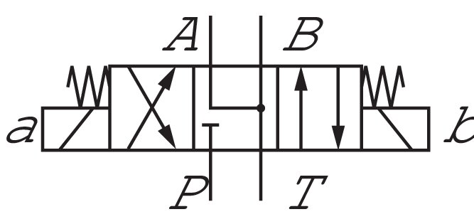 Schakelsymbool: 4/3-wegventiel, J-schakeling